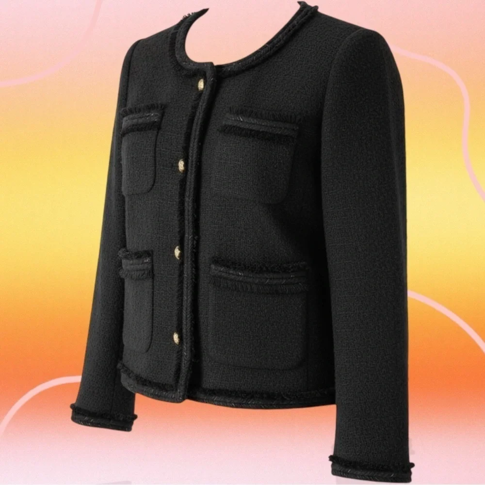 J. Crew Black Wool-Blend Tweed Gold Button-Front Patch Pocket Lady Jacket Size 0